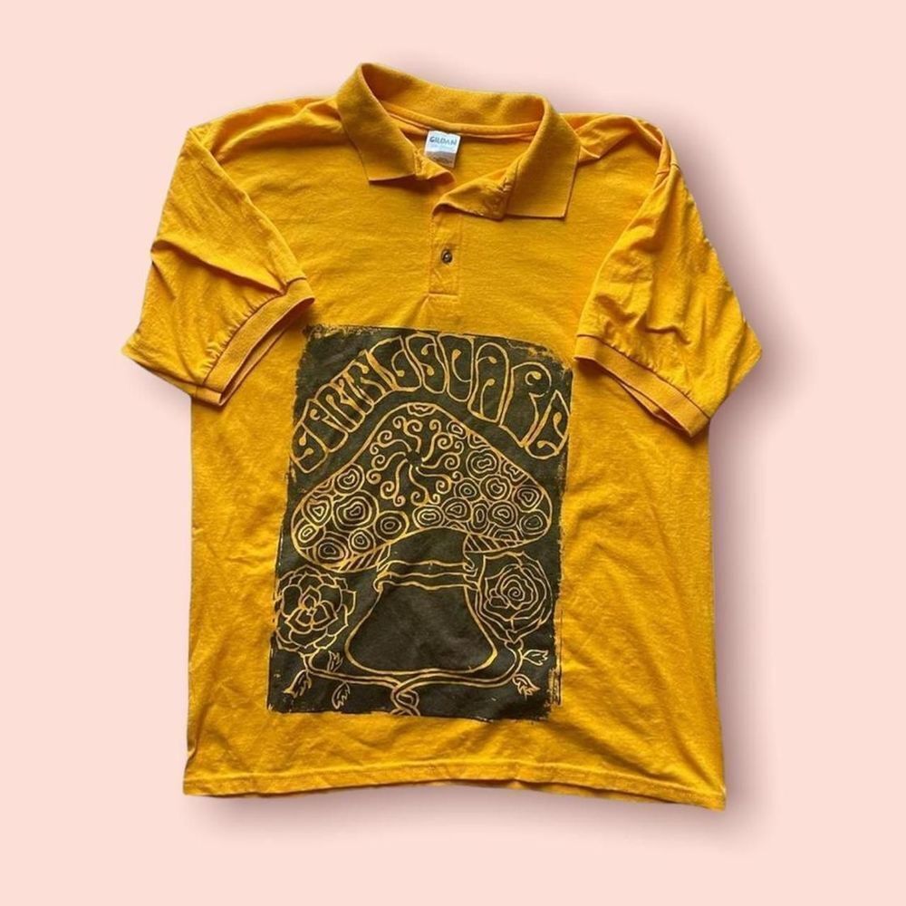 mushroom print yellow polo shirt